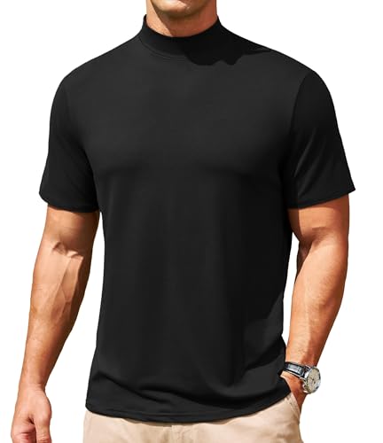 Men's Mock Turtleneck Short Sleeve Soft Lightweight Casual Basic T-Shirts Solid Pullover Tops