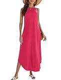 Halife Women's Summer Casual Sleeveless Beach Dress Long Halter Side Slit Maxi Sun Dresses Rose Red 2XL