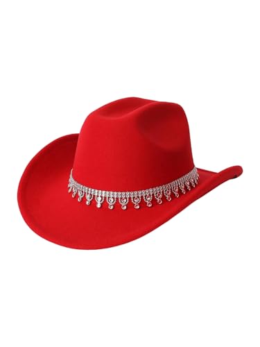 Verdusa Women's Western Boho Cowboy Hat Rhinestone Sequin Wide Brim Cowgirl Hat Red One-Size