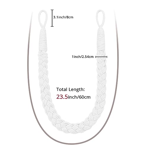 Pretty Jolly 2 Pack Natural Cotton Rope Curtain Tiebacks Elegant Boho Style Decorative Drape Tie Backs Soft Hand-Woven Rope Curtain Holdbacks with Metal Hook for Home & Office Drapery (White) - Image 3