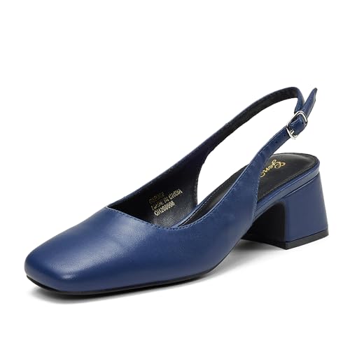GENSHUO Cómodos Vestir Zapatos Tacon Mujer, Tacón Grueso Bajo de 6cm, Punta Cuadrada, Zapatos de Tacón Alto de Moda, Azul Marino, 38 EU