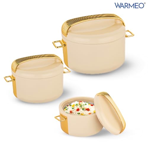 Image of WARMEO Majestic Inner Stainless Steel Casserole Set of 3 (800ml, 1200ml, 2100ml), Ivory | PU Insulated | BPA Free | Food Grade | Easy to Carry | Easy to Store | Chapati | Roti | Curd Maker