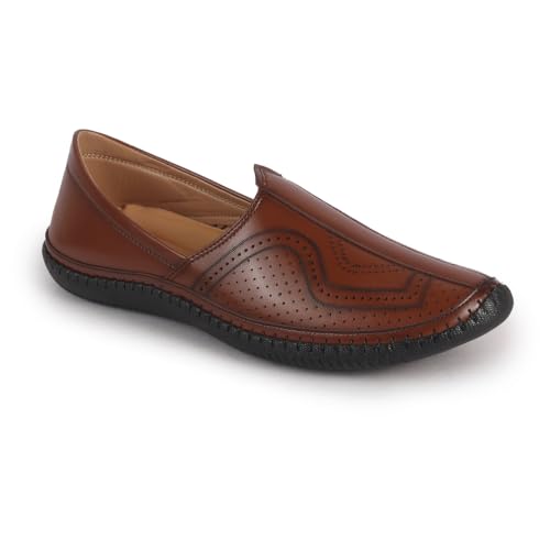 Image of FAUSTO Men Perforated Side Stitched Ethnic Round Toe Juttis and Mojaris for Wedding | Flexible Anti Skid Sole | Pathani Kurta Slip On Shoes