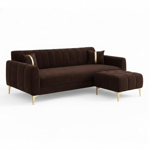 Image of Hermione 4 Seater L Shape Sofa Set with Movable Ottoman | Flexible Left or Right Layout | Luxe Velvet Suede Fabric | Comfortable Seating | Modern Sofa for Living Room -Dark Brown
