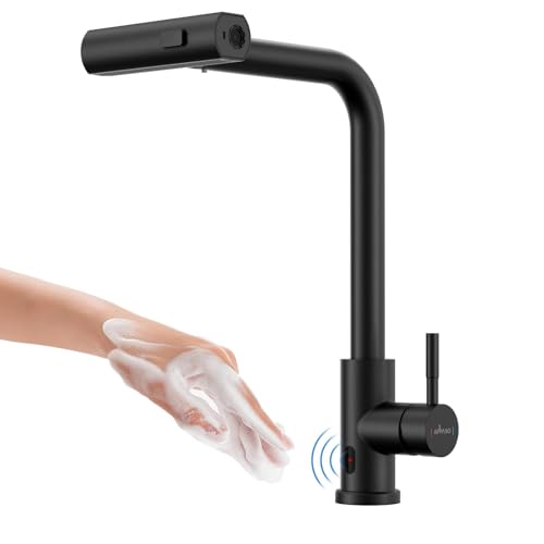 【APPASO 2025年限定のカスタマイズ】ブラックノータッチキッチンタップ、引出し式プレミアム感応式キッチン蛇口 、3機能プルダウンスプレー付き360°回転キッチン混合蛇口、自動赤外線キッチンタップ、センサーシングルハンドル台所水栓 日本語説明書付き
