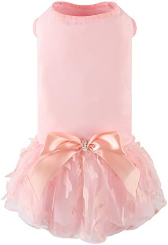 Dog Soft Cotton Dress Tutu Outfit Skirt with Cubic Butterfly Princess Dress for Small Medium Dogs Christmas Holiday Picnic Birthday Party (Pink, S)