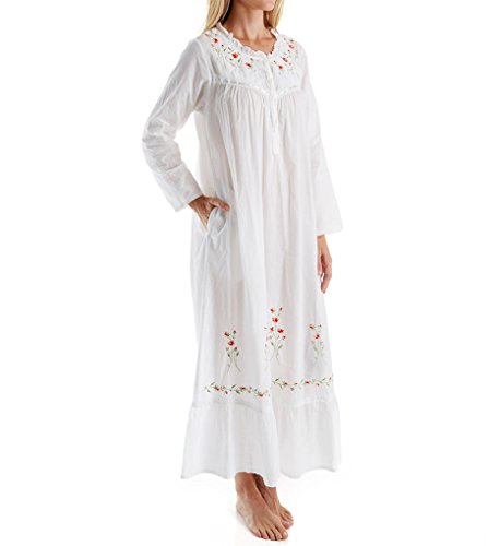 La Cera Women's 100% Cotton Woven Long Sleeve Long Gown 1181A M White #TOP1