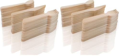 MCE-Commerce Cubiertos de madera, 50 tenedores, 50 cuchillos, 50 cucharas de abedul, color marrón A5301150 (Paquete de 2)