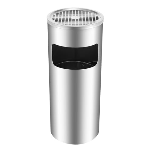 Cubo de basura, de acero inoxidable plateado, con cenicero y asa de transporte, para interiores y exteriores como patios, terrazas, jardines, oficinas, pasillos