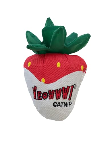 YEOWWW Juguete de hierba gatera para gatos, juguete orgánico arrugado para gatos, duradero y seguro, para gatos de interior y exterior, en forma de fresa (10 cm de alto) (fresa de chocolate blanco)
