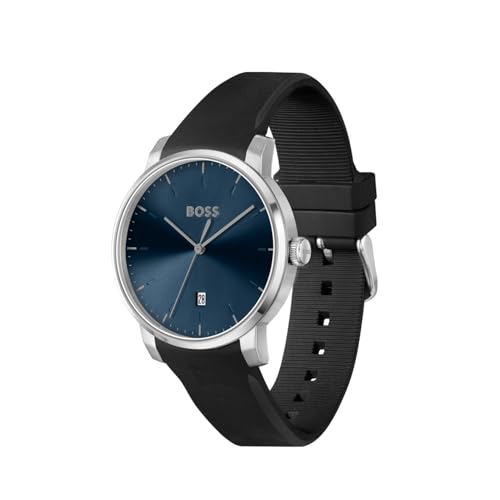 Image of Hugo Boss Dean Qtz Basic Calendar Blue Round Dial Analog Men's Watch|Black Silicone Material|Black Color Band - 1514131