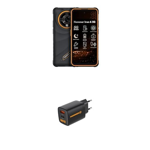 Hammer H Iron 6 5G - Smartphone rugged 8 GB RAM/256 GB + RapidCharge Duo 30W | Display da 5,6" a 120 Hz, Fotocamera da 65 MP, 6050 mAh, Android 15, Nero-Arancione
