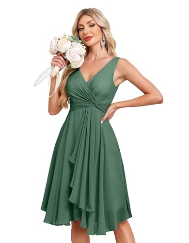 Image of Women's V Neck Short Bridesmaid Dresses 2025 Ruched Waist A Line Chiffon Formal Cocktail Party Dress