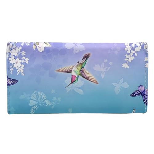 Image of AFPANQZ Women's PU Leather Three Fold Wallet, Hummingbird Flower Gradient Long Trifold Clutch Purse, Credit Card Money Organizer with ID Window