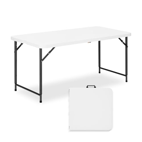 GlowitLian 4ft Folding Table with Adjustable Height 3-Level Foldable Table with HDPE Top & Steel Legs Portable 4 Foot Folding Table for Picnic Party Craft Indoor Outdoor Use White