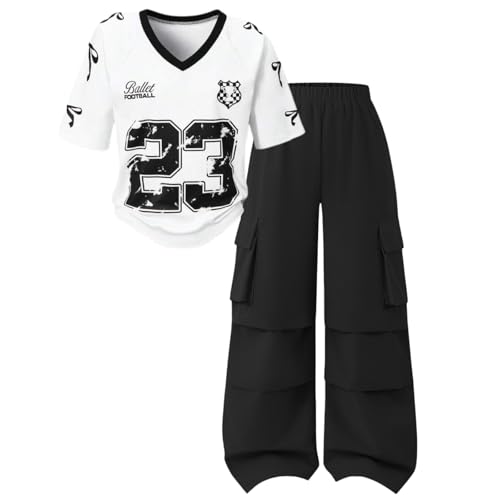 Image of Tween Girls Clothes Short Sleeve Graphic T-Shirt Top + Cargo Pants 2pcs Outfit Set, Size 7-15Years