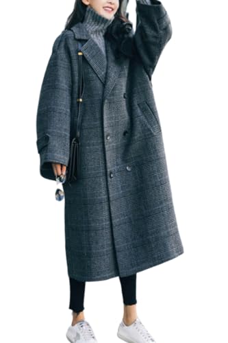 chouyatou Women's Fall Winter Oversized Notched Collar Double Breasted Plaid Wool Blend Long Trench Coat