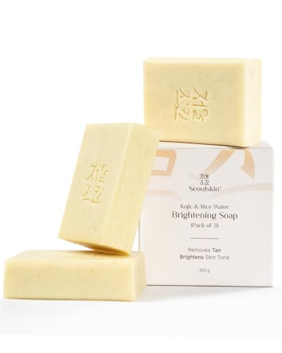Image of Seoulskin Kojic & Rice Water Brightening Soap | Pack of 3 | Glowing & Brightening Soaps for bath | For Pigmentation, Dark Spots, Sun Damage | Tan Removal Soap Bar for men and women | Brightens Underarms | Paraben Free | All Skin Types | 3 X 100g
