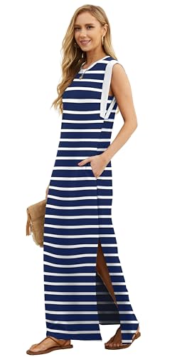 Image of GRECERELLE 2026 Women Year-Round Casual Round Neck Loose Split Wrinkle-Free Long Maxi Vacation Dress with Pockets (XXS-4XL)