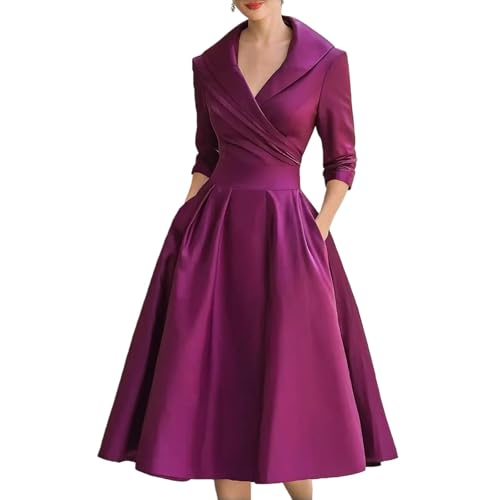 Generisch Vestido midi de satén de inspiración vintage con cuello drapeado, corte entallado elegante y mangas largas, un vestido que favorece la figura., Diseño 6, 4XL