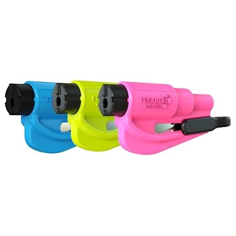 resqme Pack of 3 The Original Emergency Keychain Car Escape Tool, 2-in-1 Seatbelt Cutter and Window Breaker, Made in USA, Pink, Blue, Yellow - Compact Emergency Hammer Cover