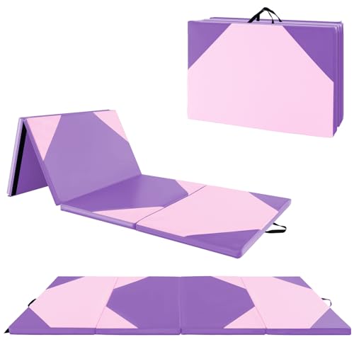Giantex 4'x10'x 2" Gymnastics Mat, 4-Panel Folding Aerobics Exercise Mat w/Hook & Loop Fastener, Carrying Handle, Portable Tumbling Mat for Stretching Yoga Cheerleading Martial Arts, Purple/Baby Pink