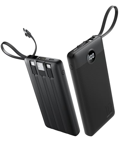 Portable Charger with Built in Cables, Slim 10000mAh Power Bank with USB C, External Battery Pack 5 Outputs 2 Inputs LED Display Compatible with iPhone/Android & More (Black)