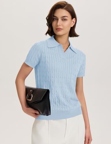 Image of Micoson Womens Short Sleeve Sweater Tops Lapel V Neck Polo Shirts 2026 Summer Cable Knit Loose Blouse Business Casual Outfits