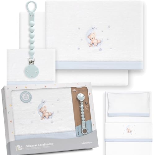 mibebestore - Juego de Sábanas Coralina Cuna 60x120 – Juego 3 Piezas Invierno Bebé (Encimera, Bajera y Funda de Almohada) – Sábanas de Cuna Suaves y Cálidas para Dormir en Invierno | Oso Luna B/Azul