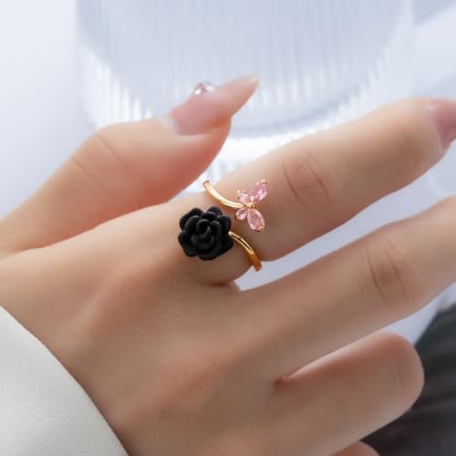 Kokoma Black Rose Flower Butterfly Wrap Finger Ring for Women Pink Crystal CZ Butterfly Open Statement Ring Eternity Promise Engagement Ring Dainty Jewelry Xmas2
