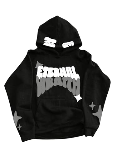 GORGLITTER Men's Oversized Letter Stars Graphic Hoodie Long Sleeve Y2k Pullover Sweatshirt with Pocket