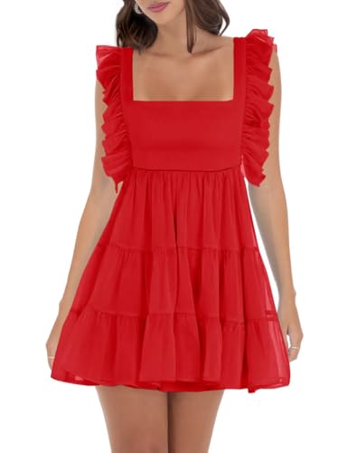 Image of Women's Summer Square Neck Tie Back Ruffle Sleeve Tiered Casual A-Line Short Mini Dress