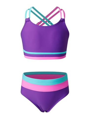 blibean Tween Girls Swimsuit Colorblock Teen Bikini Sets Big Kids 2 Piece Bathing Suits Junior Cute Swimwear Sporty Swimming Suit 2026 Traje Baño Niñas Size 10-11 Year Old Purple