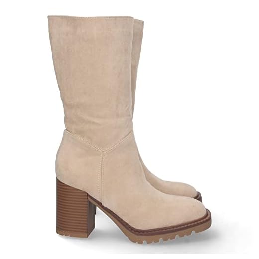 shoes&blues.es 67173-Bota de Tacon para Mujer, Comodas, con Punta Redonda, Estampado Liso, y Cierre de Cremallera, Otono Invierno 2022. Talla 36 Beige