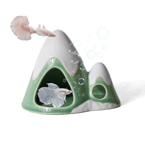 Image of Cute Green Aquarium Decor Ceramic Mountain Betta Fish Tank Cave