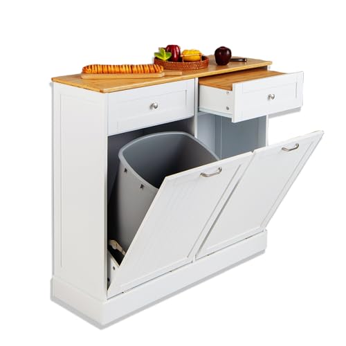 KOMFOTTEU Buffet de Salle à Manger avec Planche à Découper, Armoire avec Support pour Poubelles 40 L & Tiroir, Armoire Polyvalente de Cuisine, Plateau supérieur en Bambou (Double Porte)