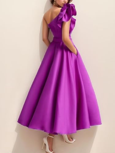 Women's One Shoulder Elegant Evening Dress with Pockets Satin Tea Length A Line Formal Wedding Guest Dress3