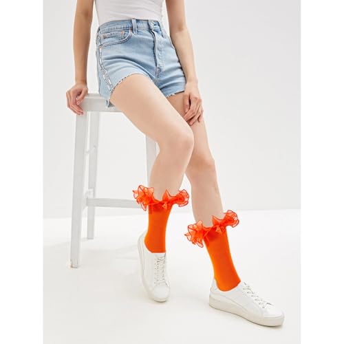 Image of Women Big Ruffle Ankle Socks Adult Double Lace Frilly Socks Fold Cuff Cotton Ruffled Dress Crew Bobby Bride Sock