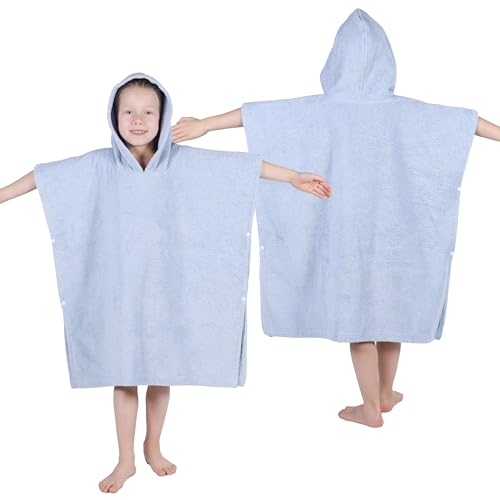 Image of Superior Kids Cotton Terry Poncho, Soft, Absorbent Bath Towel with Hood, Bathroom Accessories, Long, Plush Bathrobes for Bath, Shower, Spa, Resort, Beach, Pool, Boy, Girl, Small /Medium Size, Blue