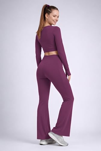 Image of PINAAK FASHION Women's Yoga Co-Ord Set | Full Sleeve Crop Top & Flared High Waist Yoga Pants with Pocket | Thumb Hole Sleeves | Bell Bottom Gym Wear Activewear Tracksuit for Workout, Running & Lounge