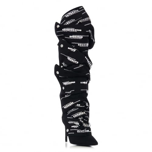 Women's suede Sparkly Rhinestone Stiletto Knee High Pointed Toe Zipper High Heel Shark Boots2