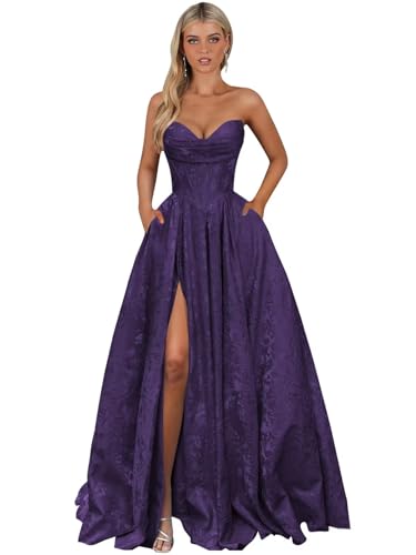 Djqpi Plum Strapless Satin Prom Dresses Long Corset Slit A Line Formal Evening Party Gown with Pockets Size 12