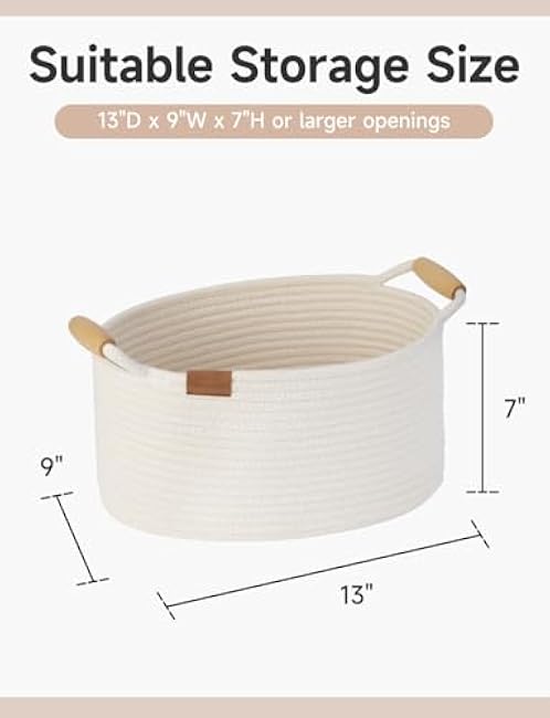 StorageWorks 13 Inch Rope Basket for Organizing, Cute Small Woven Storage Baskets with Wooden Handles, Decorative Woven Basket for Nursery, Living Room, Bedroom, White, 3-Pack