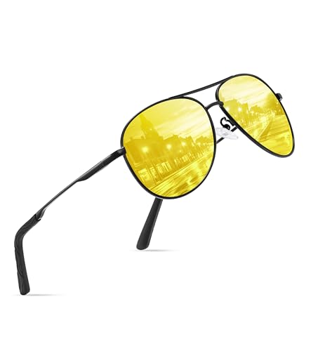 wearPro Pilot Night Driving Glasses-Anti Glare glasses for Men-Women-Polarised-Metal-Unisex-Sports-UltraLight-Vintage-Classic-UV400-Yellow Lens Night Vision For Driving Fishing Running-Black