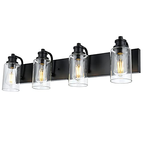 Image of 4-Light Bathroom Vanity Light, 28 inch Black Bathroom Lighting Fixture with Clear Glass Shades, Modern Wall Lamp for Bathroom Mirror, Bedroom, Hallway, Living Room, Cabinet
