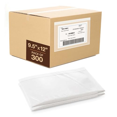 9.5x12 Shipping Label Sleeves 300 Pack Strong Adhesive Back for Secure Package Labelling, Protects Documents with Packing Slip Pouches Packing Sleeves for Mailing and Packaging -WaterProof and Durable