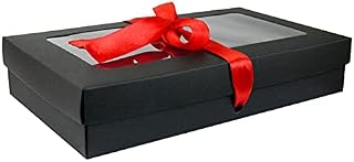 Emartbuy Pack of 12 Rectangle Shaped Presentation Gift Box, 21 cm x 12.5 cm x 2.5 cm, Brown Kraft Box with Clear Lid and Satin Ribbon