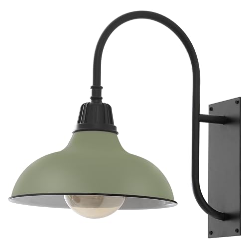 Image of JONATHAN Y 12.25 inch Matte Olive Green /Black 1-Light Farmhouse Gooseneck Outdoor Wall Sconce Lamp, with Black Metal Bowl Shade, Industrial Iron LED Porch Light for Patio Garage Entryway (JYL7614I)