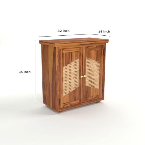 Image of Solid Sheesham Wood Sideboard Cabinet for Living Room | Wooden Storage Cabinet with 2 Designer Cane Doors & Shelf | Modern Geometric Rattan Sideboard for Home (Honey Finish)