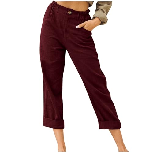 Womens Capris for Summer Dressy Fitted Capri Pants Cotton Linen Casual Pants 2024 Trendy Beach Vacation Outfits Womens Cargo Pants with Pockets Wine XL